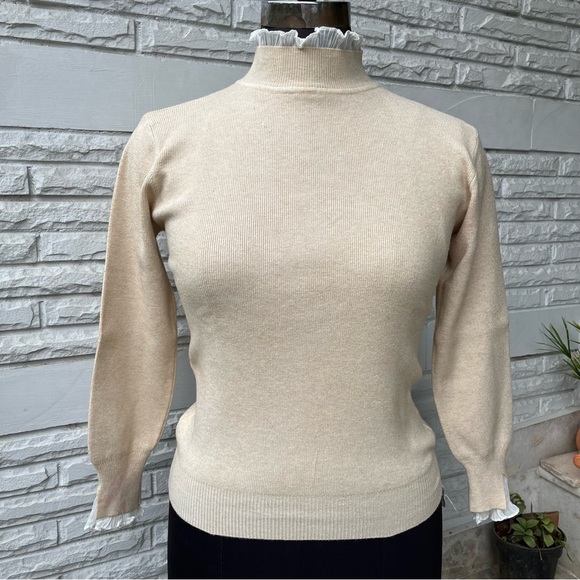 Sweaters - Beige Sweater with Frilly Neck and Sleeves